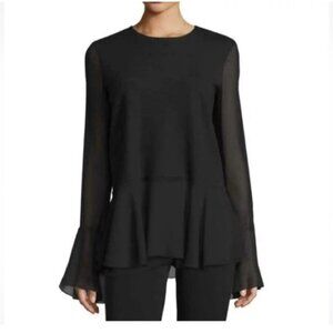 Theory Top Blouse Size Medium Black Idol Bell Sleeve Peplum Wool Silk Trim 077